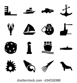 Marine icons set. set of 16 marine filled icons such as crab, seal, lighthouse, soldier emot, sailboat, anchor, cargo ship, ship, harbor, shell, extinct sea creature