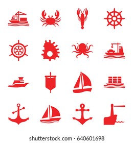 Marine icons set. set of 16 marine filled icons such as octopus, crab, anchor, helm, cargo ship, ship, sailboat, lighthouse, extinct sea creature