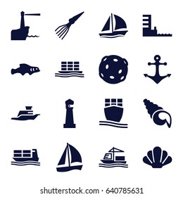 Marine icons set. set of 16 marine filled icons such as lighthouse, cargo ship, ship, harbor, anchor, sailboat, shell, extinct sea creature