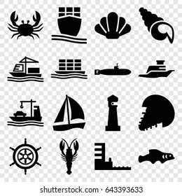 Marine icons set. set of 16 marine filled icons such as crab, lighthouse, cargo ship, ship, harbor, helm, shell, extinct sea creature, extinct fish, submarine