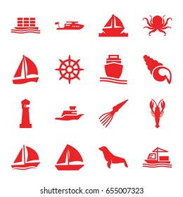 Marine icons set. set of 16 marine filled icons such as octopus, crab, seal, lighthouse, boat, sailboat, helm, cargo ship, ship, shell
