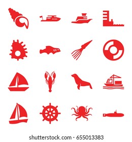 Marine icons set. set of 16 marine filled icons such as octopus, crab, seal, helm, boat, sailboat, cargo ship, ship, harbor, lifebuoy, shell, extinct sea creature