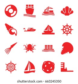 Marine icons set. set of 16 marine filled icons such as octopus, boat, helm, cargo ship, harbor, lifebuoy, shell, extinct sea creature