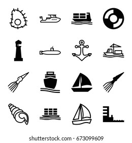 Marine icons set. set of 16 marine filled and outline icons such as lighthouse, sailboat, cargo ship, harbor, lifebuoy, extinct sea creature, boat, anchor, shell