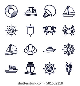 marine icons set. Set of 16 marine outline icons such as octopus, crab, helm, cargo ship, ship, lifebuoy, sailboat, shell, boat, extinct sea creature