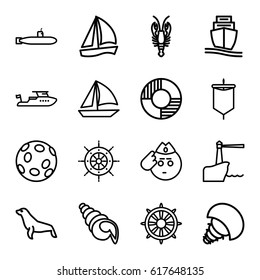 Marine icons set. set of 16 marine outline icons such as crab, seal, boat, helm, cargo ship, lifebuoy, lighthouse, shell, extinct sea creature, sail, submarine, soldier emot