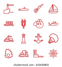 Marine icons set. set of 16 marine outline icons such as crab, lighthouse, boat, cargo ship, harbor, helm, anchor, extinct sea creature, submarine, soldier emot