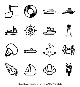 Marine icons set. set of 16 marine outline icons such as crab, lighthouse, boat, anchor, cargo ship, ship, lifebuoy, helm, shell, extinct sea creature, submarine