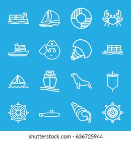 Marine icons set. set of 16 marine outline icons such as crab, seal, helm, cargo ship, boat, lifebuoy, sailboat, shell, extinct sea creature, sail, submarine