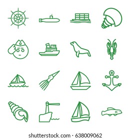 Marine icons set. set of 16 marine outline icons such as crab, seal, cargo ship, boat, helm, anchor, lighthouse, shell, extinct sea creature, extinct fish, submarine