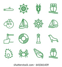 Marine icons set. set of 16 marine outline icons such as crab, seal, lighthouse, helm, cargo ship, lifebuoy, sailboat, shell, extinct sea creature, submarine