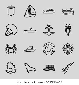 Marine icons set. set of 16 marine outline icons such as crab, seal, boat, helm, cargo ship, ship, anchor, extinct sea creature, sail, submarine