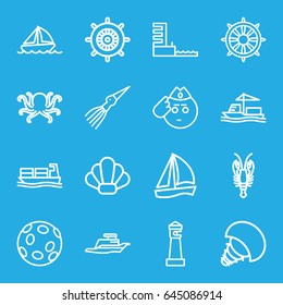 Marine icons set. set of 16 marine outline icons such as octopus, crab, lighthouse, helm, cargo ship, ship, boat, harbor, shell, extinct sea creature, soldier emot