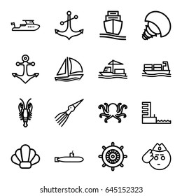 Marine icons set. set of 16 marine outline icons such as octopus, crab, helm, boat, anchor, cargo ship, harbor, sailboat, shell, extinct sea creature, submarine