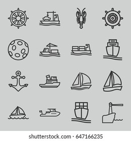 Marine icons set. set of 16 marine outline icons such as crab, helm, boat, cargo ship, anchor, sailboat, lighthouse