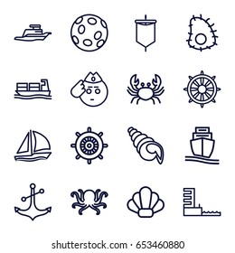 Marine icons set. set of 16 marine outline icons such as octopus, crab, helm, anchor, cargo ship, ship, harbor, sailboat, shell, extinct sea creature, sail