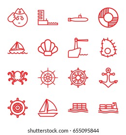 Marine icons set. set of 16 marine outline icons such as octopus, helm, cargo ship, boat, harbor, lifebuoy, anchor, lighthouse, shell, extinct sea creature, submarine