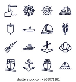 Marine icons set. set of 16 marine outline icons such as crab, anchor, helm, cargo ship, ship, boat, sailboat, lighthouse, shell, extinct sea creature, sail