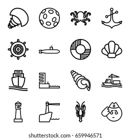 Marine icons set. set of 16 marine outline icons such as octopus, crab, lighthouse, helm, anchor, cargo ship, harbor, lifebuoy, shell, extinct sea creature, submarine