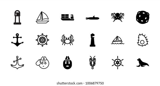 Marine icons. set of 18 editable filled and outline marine icons: lighthouse, anchor, extinct sea creature, submarine, crab, helm, soldier emot, sailboat, boat, octopus, seal