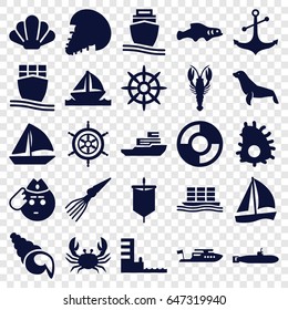 Marine icons set. set of 25 marine filled icons such as crab, seal, boat, soldier emot, sailboat, anchor, helm, cargo ship, harbor, lifebuoy, shell, extinct sea creature