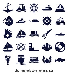 Marine icons set. set of 25 marine filled icons such as crab, helm, boat, soldier emot, sailboat, anchor, cargo ship, ship, harbor, lifebuoy, shell, extinct sea creature