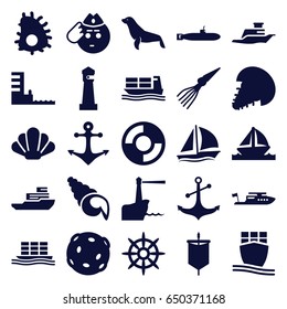 Marine icons set. set of 25 marine filled icons such as seal, lighthouse, boat, soldier emot, anchor, helm, cargo ship, ship, harbor, lifebuoy, sailboat, shell