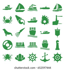 Marine icons set. set of 25 marine filled icons such as octopus, crab, seal, lighthouse, helm, boat, sailboat, anchor, cargo ship, ship, lifebuoy, shell, extinct sea creature
