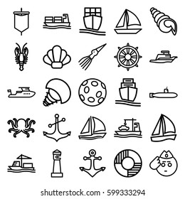 marine icons set. Set of 25 marine outline icons such as octopus, crab, lighthouse, boat, anchor, helm, cargo ship, ship, lifebuoy, sailboat, shell, extinct sea creature, sail