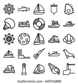 Marine icons set. set of 25 marine outline icons such as seal, lighthouse, helm, boat, cargo ship, ship, harbor, lifebuoy, sailboat, shell, extinct sea creature, extinct fish