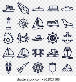 Marine icons set. set of 25 marine outline icons such as octopus, crab, seal, lighthouse, helm, cargo ship, ship, boat, anchor, sailboat, shell, extinct sea creature