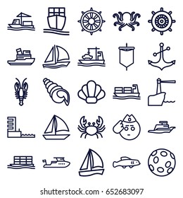Marine icons set. set of 25 marine outline icons such as octopus, crab, helm, boat, anchor, cargo ship, ship, harbor, sailboat, lighthouse, shell, extinct sea creature