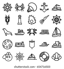 Marine icons set. set of 25 marine outline icons such as octopus, crab, seal, lighthouse, helm, cargo ship, ship, boat, lifebuoy, anchor, shell, extinct sea creature, sail