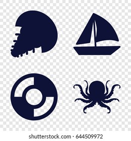Marine icons set. set of 4 marine filled icons such as octopus, sailboat, lifebuoy