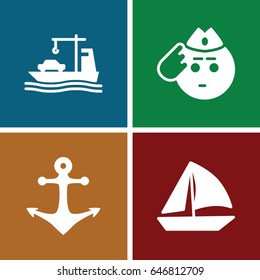 Marine icons set. set of 4 marine filled icons such as soldier emot, sailboat, cargo ship