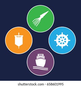 Marine icons set. set of 4 marine filled icons such as helm, cargo ship, extinct sea creature