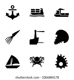 Marine icons. set of 9 editable filled marine icons such as sailboat, cargo ship, lighthouse, extinct sea creature, octopus