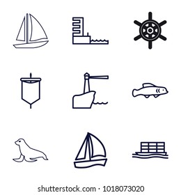 Marine icons. set of 9 editable outline marine icons such as sailboat, cargo ship, harbor, lighthouse, extinct fish, sail, seal