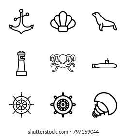 Marine icons. set of 9 editable outline marine icons such as seal, lighthouse, helm, anchor, shell, extinct sea creature, submarine