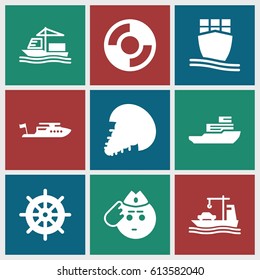 Marine icons set. set of 9 marine filled icons such as helm, boat, soldier emot, cargo ship, lifebuoy