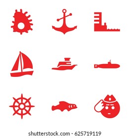 Marine icons set. set of 9 marine filled icons such as soldier emot, anchor, helm, ship, harbor, extinct sea creature, extinct fish, submarine