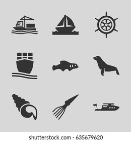 Marine icons set. set of 9 marine filled icons such as seal, boat, cargo ship, helm, shell, extinct sea creature