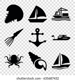 Marine icons set. set of 9 marine filled icons such as octopus, boat, sailboat, cargo ship, anchor, shell