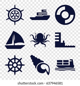Marine icons set. set of 9 marine filled icons such as octopus, sailboat, helm, cargo ship, harbor, lifebuoy, shell