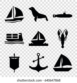 Marine icons set. set of 9 marine filled icons such as crab, seal, sailboat, anchor, cargo ship, boat, sail