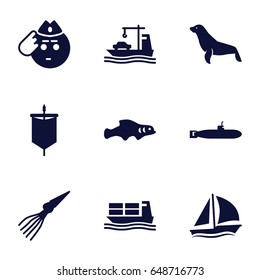 Marine icons set. set of 9 marine filled icons such as seal, soldier emot, cargo ship, sailboat, extinct sea creature, extinct fish, sail
