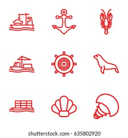 Marine icons set. set of 9 marine outline icons such as crab, seal, helm, cargo ship, anchor, shell