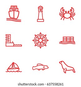 Marine icons set. set of 9 marine outline icons such as crab, seal, lighthouse, helm, cargo ship, boat, harbor