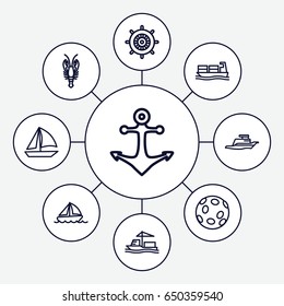Marine icons set. set of 9 marine outline icons such as crab, helm, cargo ship, ship, boat, anchor, extinct sea creature