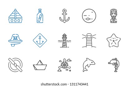 marine icons set. Collection of marine with dolphin, propeller, paper boat, starfish, lighthouse, anchor, pirate, captain, neptune, message in a bottle. Editable and scalable marine icons.